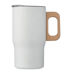 A drink bottle in white with a wooden handle and a stainless steel lid. It has a sleek, modern design.