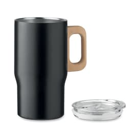 A drink bottle in black metal with a wooden handle and a clear lid, featuring a logo on the side.