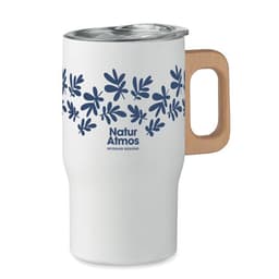 A drink bottle in white with a blue floral design and a wooden handle, featuring a logo on the front.