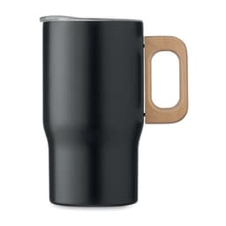 A drink bottle in black with a wood-accented handle and a lid, featuring a smooth, tapered design.