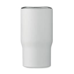 A drink bottle in a matte white finish, featuring a sleek design and a metal lid. It has a logo on one side.