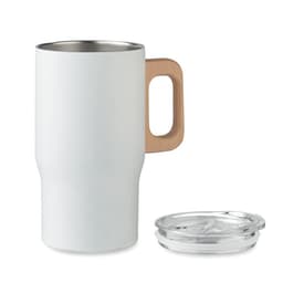 A drink bottle in matte white with a wooden handle and a clear lid, designed for hot or cold beverages.