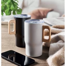 A drink bottle set featuring a black and a white mug with wooden handles, placed on a table beside a smartphone.