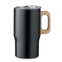 A drink bottle in matte black with a wooden handle and a clear lid, featuring a sleek design.
