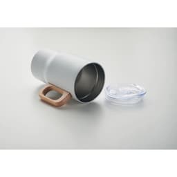A drink bottle in matte white with a wooden handle and a clear lid, resting on a light background.