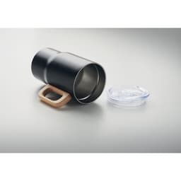 A drink bottle in matte black with a stainless steel interior, featuring a wooden handle and a clear lid.