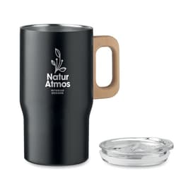 A drink bottle in matte black with a wooden handle and a transparent lid, featuring a logo on its surface.