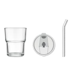 A drink bottle in clear glass with a removable lid, a silicone straw, and a separate glass tumbler.