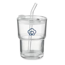 A drink bottle made of clear glass, featuring a straw and a lid, with a logo displayed.