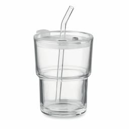 A drink bottle with a clear, stacked glass design and a white lid, featuring a straw for easy sipping.