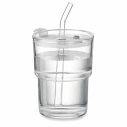 A drink bottle with a clear body, featuring a straw and a lid, filled with water. It has a simple design.