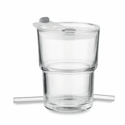 A drink bottle in clear glass with a two-part design and two transparent straws, featuring a white lid.