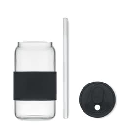 A drink bottle featuring a clear glass design, black silicone sleeve, straw, and a black lid.