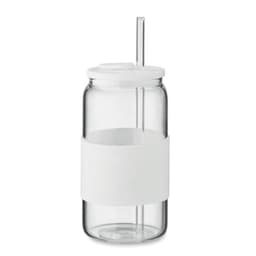 A drink bottle made of clear glass with a white silicone sleeve and a straw, featuring a white lid and branding.
