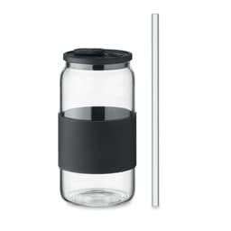 A drink bottle made of clear glass with a black silicone sleeve and a metal straw. It includes a black lid.