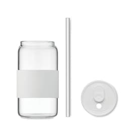 A drink bottle with a transparent glass body, a white silicone sleeve, a white lid, and a straw.