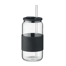 A drink bottle with a clear body, black silicone grip, and a straw, featuring a black lid and branding.