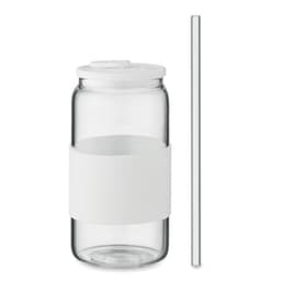 A drink bottle with a clear glass body, white silicone grip, white lid, and a stainless steel straw.