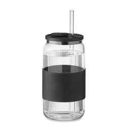 A drink bottle featuring a clear body, black silicone grip, and a straw, with a black lid and branding.