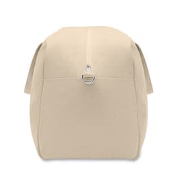 A cream-coloured Duffas product, featuring a zip closure and a round shape, with a logo on the surface.