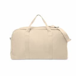 A duffel bag in a light beige colour, with two top handles and a removable shoulder strap. It has a zippered closure and a logo.
