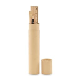 A cylindrical cardboard holder containing a wooden ruler and a pencil, with a removable cap. Features a simple design.