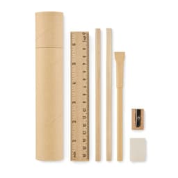 A set of stationery items including a ruler, pencil, sharpener, eraser, and two wooden sticks, all in a cardboard tube.