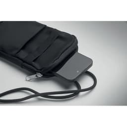 A black mobile phone pouch with a smartphone partially visible inside, featuring a strap for carrying.