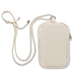 A cream-coloured pouch with a cord strap, featuring a zip closure and a branding logo.