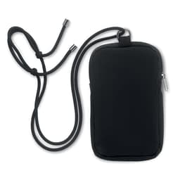 A black pouch with a zipper and a cord strap for carrying, featuring a simple design and soft texture.
