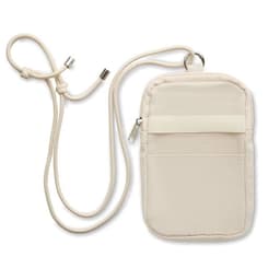 A cream-coloured pouch with a strap and two pockets, featuring a metal zipper and a branding logo.