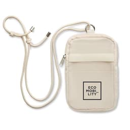 A cream-coloured pouch with a strap, featuring a front pocket and a logo. Ideal for carrying small items.
