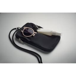 A black pouch with a strap, containing sunglasses and a white spray bottle. The pouch features a logo.