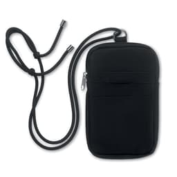 A black pouch with a strap and zip, featuring a front pocket and a branded logo.