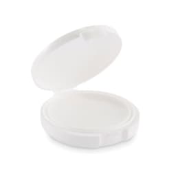A white cosmetic compact with a removable lid and empty interior. It features a subtle design.
