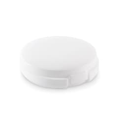 A white circular container with a hinged lid, featuring a smooth surface and a secure closure mechanism.