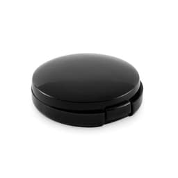 A compact mirror with a sleek, glossy black finish, featuring a simple, rounded design.