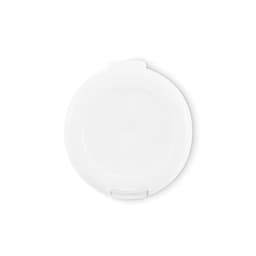 A white drink bottle lid with a smooth surface and a slight lip, featuring a small clip for attachment.