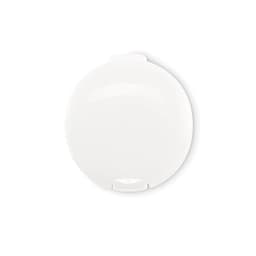 A drink bottle in a circular shape, featuring a glossy white finish and a small opening at the bottom.