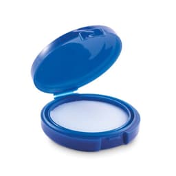 A blue compact case with an open lid, containing a smooth, white substance inside.