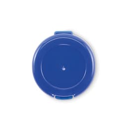 A drink bottle with a blue lid and base, featuring a smooth, rounded design and a logo.