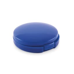 A compact in a vibrant blue colour with a smooth, glossy finish and a secure closure. It features a logo on the surface.