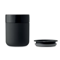 A drink bottle in matte black with a removable lid. The lid features a grey sealing ring.