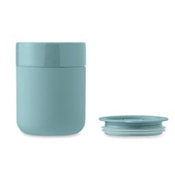 A drink bottle in a soft blue hue, featuring a removable lid and a simple, modern design.