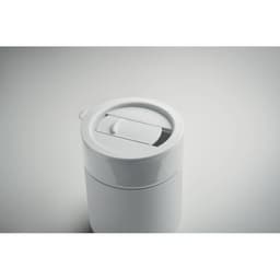 A white drink bottle with a secure, flip-top lid and a smooth surface, featuring a simple design.