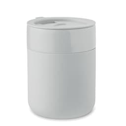 A drink bottle in matte white with a removable lid and a sleek, cylindrical design. Features a logo on the surface.