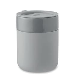 A drink bottle with a grey body and lid, featuring a simple design and a logo on the exterior.