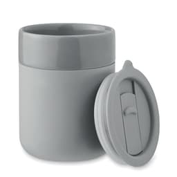 A grey drink bottle with a lid beside it, featuring a smooth, rounded design and a matte finish.