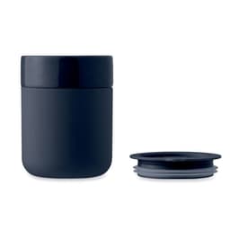 A drink bottle in matte black, featuring a removable lid and a sleek design. It has a simple logo.