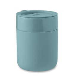 A drink bottle in a soft blue colour with a rounded design and a lid. It features a logo on the side.